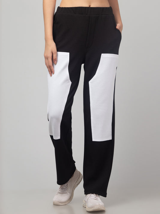 Women's Colour blocked Black Cotton Blend Chinos Trousers Pant